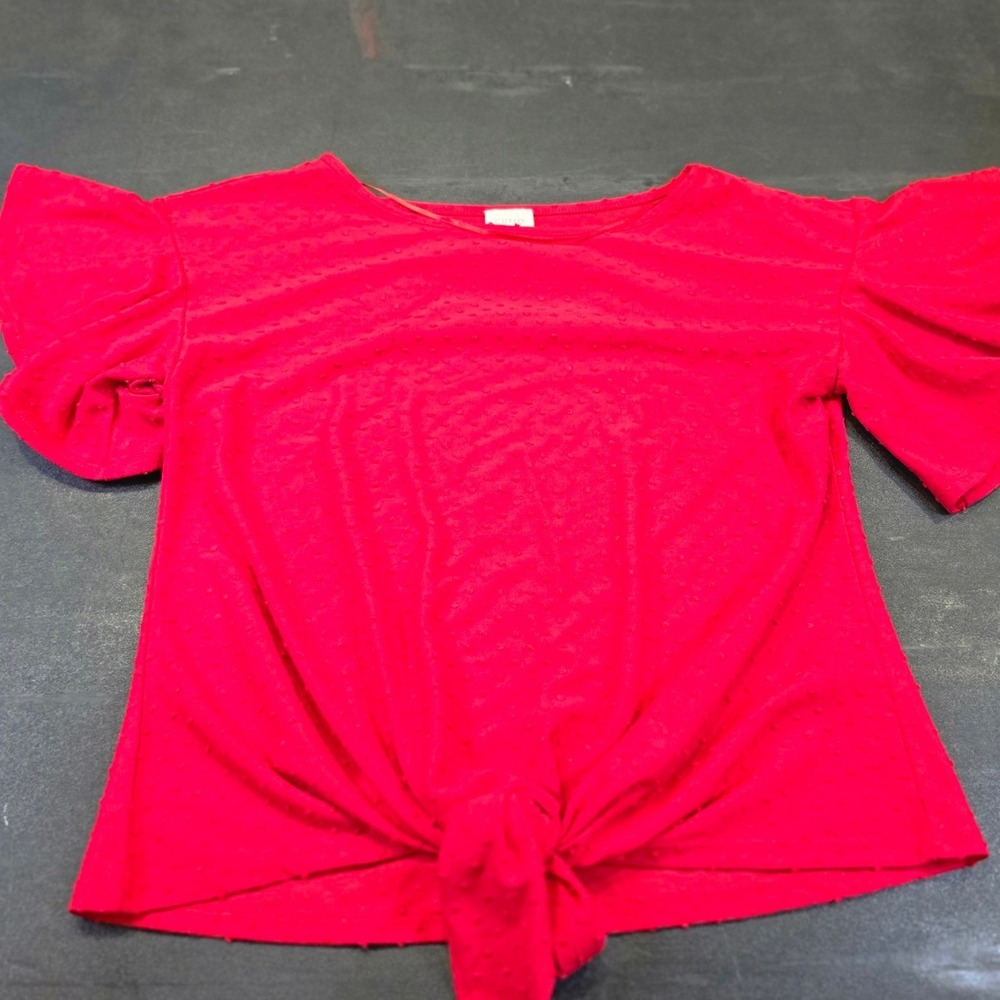 Cupio Womens Red Swiss Dot Flutter Sleeve Front Tie Knot Top Small RN73163